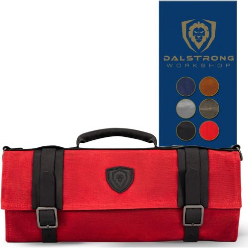  Dalstrong - Nomad Knife Roll - 12oz Heavy Duty Canvas & Top Grain Leather Roll Bag - 13 Slots - Interior and Rear Zippered Pockets - Blade Travel Storage/Case (Crimson Red)