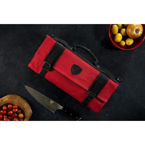  Dalstrong - Nomad Knife Roll - 12oz Heavy Duty Canvas & Top Grain Leather Roll Bag - 13 Slots - Interior and Rear Zippered Pockets - Blade Travel Storage/Case (Crimson Red)