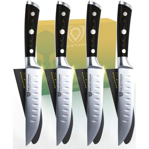  DALSTRONG Steak Knives 4-Piece Set - 5 - Straight-Edge Blade - Gladiator Series - Forged German High-Carbon Steel - Black G10 Handle - Sheaths Included - NSF Certified