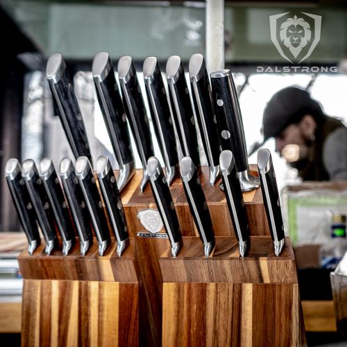  [아마존베스트]DALSTRONG Knife Set Block - Gladiator Series Colossal Knife Set - German HC Steel - 18 Pc - Walnut Stand (Black Handles)