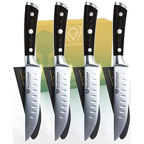  [아마존베스트]DALSTRONG Steak Knives - Set of 4 - Straight Blade Edge - Gladiator Series - Forged German ThyssenKrupp HC Steel - w/Sheaths (5 Straight-Edge Blade, Black G10 Handle)