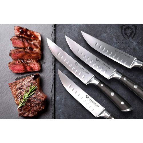  [아마존베스트]DALSTRONG Steak Knives - Set of 4 - Straight Blade Edge - Gladiator Series - Forged German ThyssenKrupp HC Steel - w/Sheaths (5 Straight-Edge Blade, Black G10 Handle)