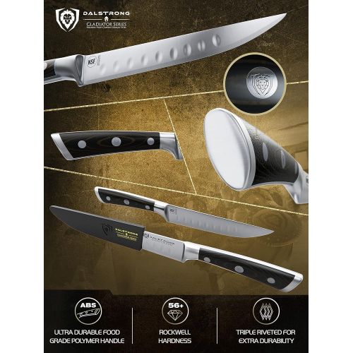  [아마존베스트]DALSTRONG Steak Knives - Set of 4 - Straight Blade Edge - Gladiator Series - Forged German ThyssenKrupp HC Steel - w/Sheaths (5 Straight-Edge Blade, Black G10 Handle)