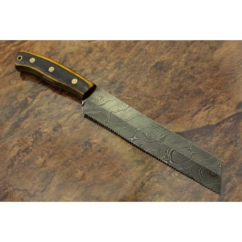  [아마존베스트]Damascus Depot 11.5 hand forged Damascus steel Bread knife, kitchen slicer knife, 2 tone Black scale, Cow hide Leather sheath with belt loop