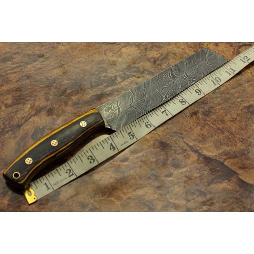  [아마존베스트]Damascus Depot 11.5 hand forged Damascus steel Bread knife, kitchen slicer knife, 2 tone Black scale, Cow hide Leather sheath with belt loop