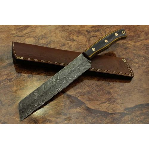  [아마존베스트]Damascus Depot 11.5 hand forged Damascus steel Bread knife, kitchen slicer knife, 2 tone Black scale, Cow hide Leather sheath with belt loop