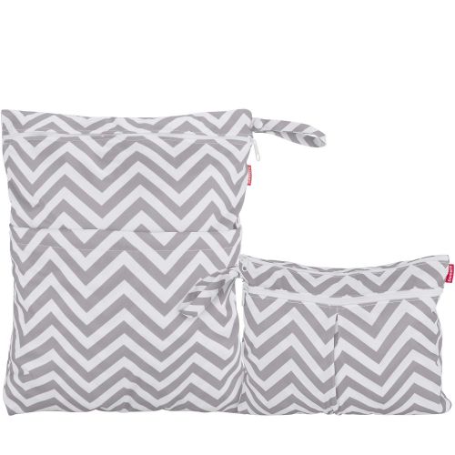  [아마존베스트]Damero 2pcs Travel Wet and Dry Bag, Reusable Wet Bags Organizer with Two Zippered Pocket for Cloth Diaper, Pumping Parts, Swimsuit and Gym, Gray Chevron