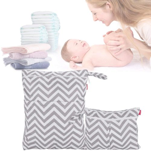  [아마존베스트]Damero 2pcs Travel Wet and Dry Bag, Reusable Wet Bags Organizer with Two Zippered Pocket for Cloth Diaper, Pumping Parts, Swimsuit and Gym, Gray Chevron