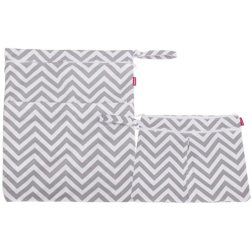  [아마존베스트]Damero 2pcs Travel Wet and Dry Bag, Reusable Wet Bags Organizer with Two Zippered Pocket for Cloth Diaper, Pumping Parts, Swimsuit and Gym, Gray Chevron