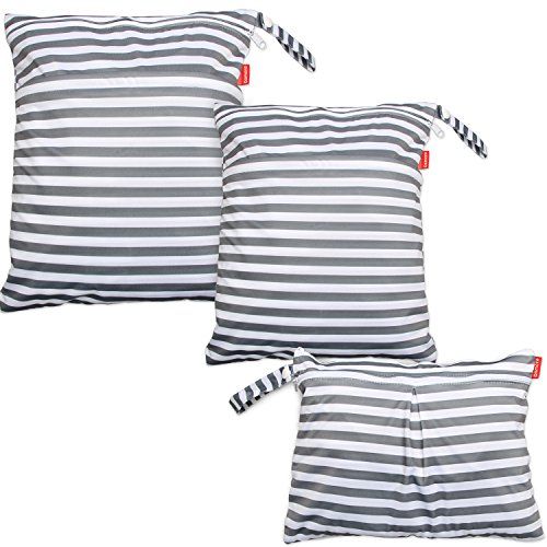  Damero 3pcs Travel Wet and Dry Bag with Handle for Cloth Diaper, Pumping Parts, Clothes, Swimsuit and More, Easy to Grab and Go, Gray Strips