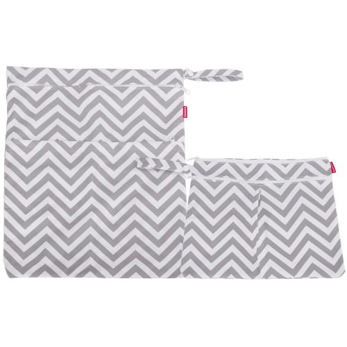  Damero 2pcs Travel Wet and Dry Bag, Reusable Wet Bags Organizer with Two Zippered Pocket for Cloth Diaper, Pumping Parts, Swimsuit and Gym, Gray Chevron