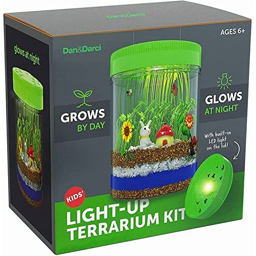  [아마존베스트]Dan&Darci Light-up Terrarium Kit for Kids with LED Light on Lid - Create Your Own Customized Mini Garden in a Jar That Glows at Night - Science Kits for Boys & Girls - Gardening Gifts for Ki