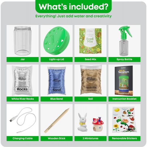  [아마존베스트]Dan&Darci Light-up Terrarium Kit for Kids with LED Light on Lid - Create Your Own Customized Mini Garden in a Jar That Glows at Night - Science Kits for Boys & Girls - Gardening Gifts for Ki