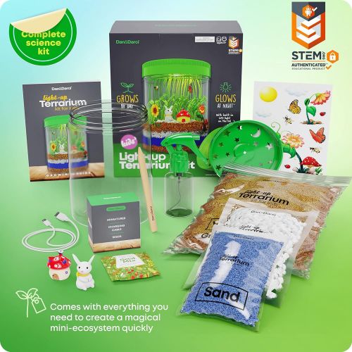  [아마존베스트]Dan&Darci Light-up Terrarium Kit for Kids with LED Light on Lid - Create Your Own Customized Mini Garden in a Jar That Glows at Night - Science Kits for Boys & Girls - Gardening Gifts for Ki