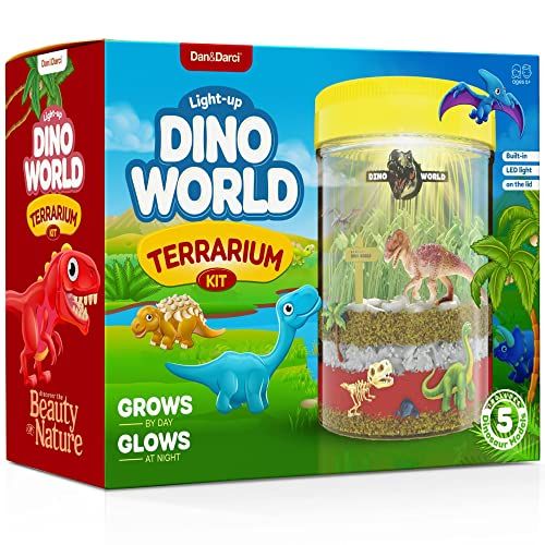  [아마존베스트]Dan&Darci Light-up Dino World Terrarium Kit for Kids with LED Light on Lid - Dinosaur Toys - Create Your Own Customized Mini Dinosaur Garden in a Jar That Glows at Night - Science Kits - Gar