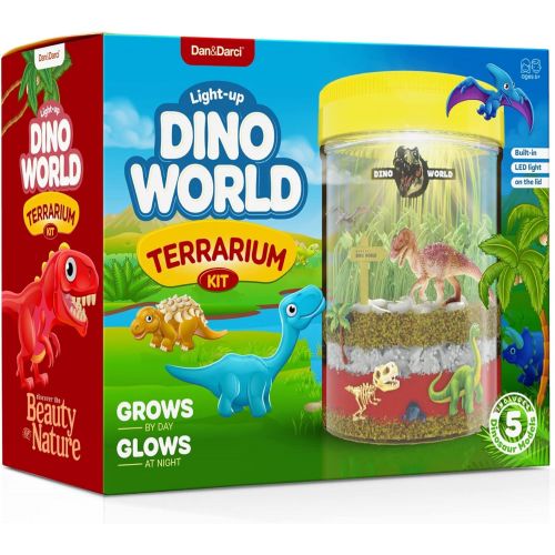  [아마존베스트]Dan&Darci Light-up Dino World Terrarium Kit for Kids with LED Light on Lid - Dinosaur Toys - Create Your Own Customized Mini Dinosaur Garden in a Jar That Glows at Night - Science Kits - Gar