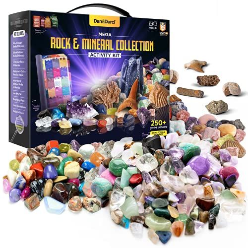  [아마존베스트]Dan&Darci Rock, Fossil & Mineral Collection & Activity Kit. Includes 250+ Real Gemstones, Crystals Specimens & Jumbo Learning Mat - Bulk Rough Rocks, Polished Gem Stones, Genuine Fossils - S