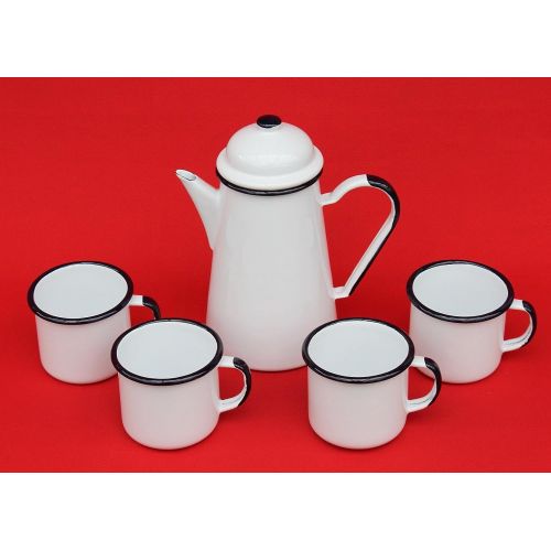  DanDiBo 5 TLG. Set Kaffeekanne + 4 Tassen 578TB+501/8 Weiss emailliert Teekanne Emaille E