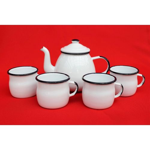  DanDiBo 5 TLG. Set Teekanne + 4 Tassen 582AB+501w/7 Weiss emailliert Kaffeekanne Emaille