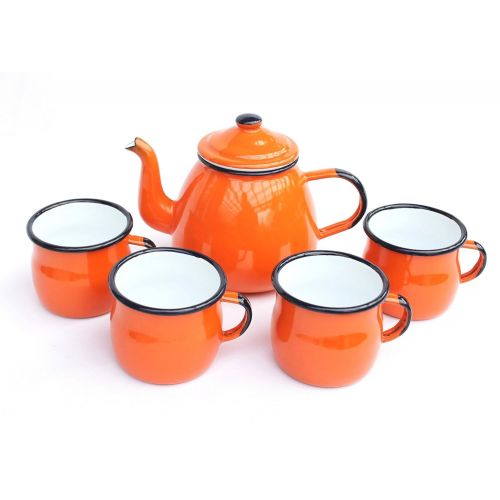  DanDiBo 5 TLG. Set Teekanne + 4 Tassen 582AB+501w/7 Orange emailliert Kaffeekanne Emaill