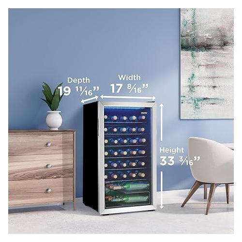  Danby DWC036A1BSSDB-6 3.3 Cu. Ft. Free Standing Wine Cooler, Holds 36 Bottles, Single Zone Fridge with Glass Door-Chiller for Kitchen, Home Bar, Stainless Steel