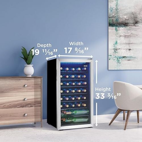  Danby DWC036A1BSSDB-6 3.3 Cu. Ft. Free Standing Wine Cooler, Holds 36 Bottles, Single Zone Fridge with Glass Door-Chiller for Kitchen, Home Bar, Stainless Steel