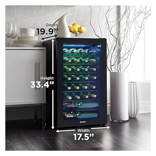  Danby DWC036A2BDB-6 3.3 Cu. Ft. Free Standing Wine Cooler, Holds 36 Bottles, Single Zone Drinks Fridge with Glass Door-Beverage Chiller for Kitchen, Home Bar, in Black