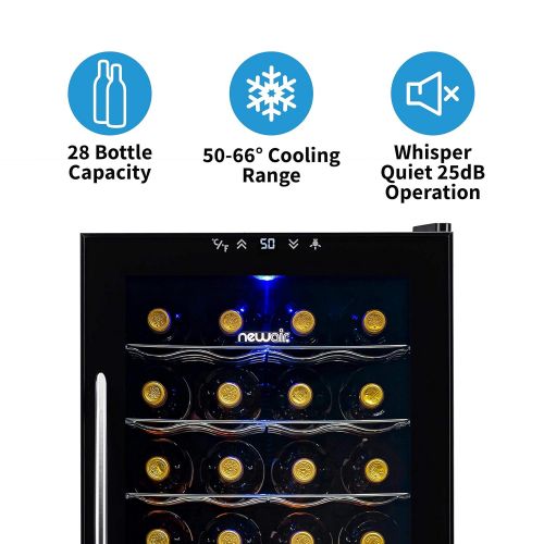  Danby NewAir Wine Cooler and Refrigerator, 28 Bottle Freestanding Wine Chiller Fridge, Black with Glass Door, AW-280E