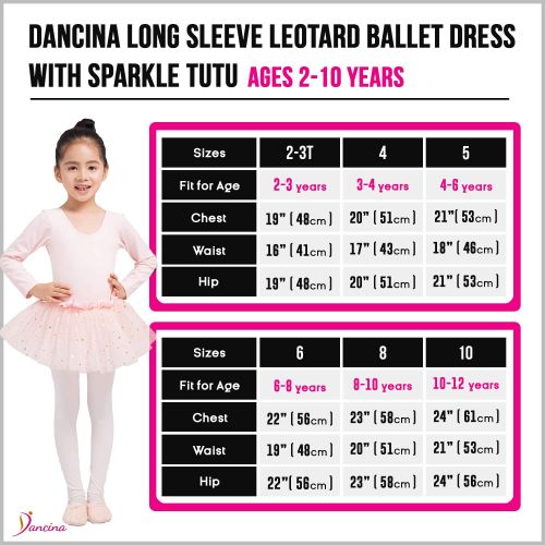  Dancina Girls Skirted Leotard Sparkle Long Sleeve Tutu Ballet Dress Front Lined