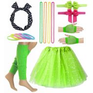 Dancing Stone Girl 80s Star Sequin Tutu Skirt with Neon Necklace Bow Headband Hair Clip Set