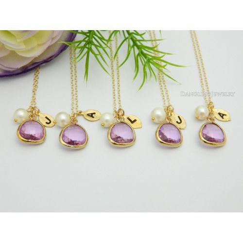  Danglingjewelry February Bridesmaid Necklace, Monogram Necklace, Set FIVE 5, Initial Necklace, Lilac Wedding Jewelry, Bridesmaid Gift, Personalized Necklace