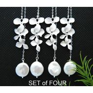 Danglingjewelry Bridesmaid Gift Lariat Orchid Pearl Necklace Coin Pearl, Set FOUR, Wedding Jewelry, Bridesmaid Necklace, Maid of Honor, Wedding Jewelry