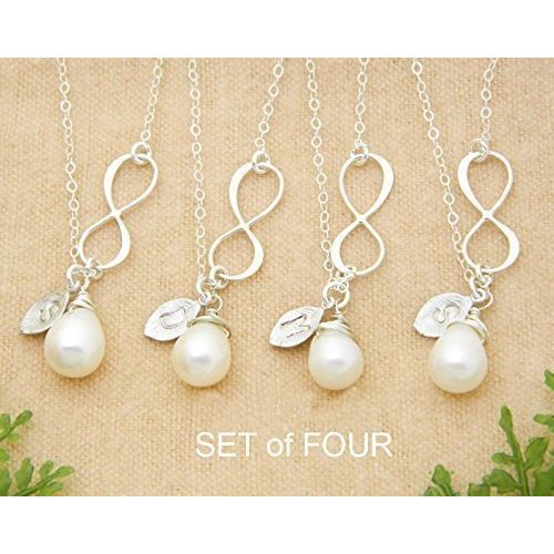  Danglingjewelry Personalized Bridesmaid Gifts, SET of 4, Infinity Necklace, Pearl Necklace, Bridesmaid Gift Ideas, Wedding Party, Bridesmaid Necklace