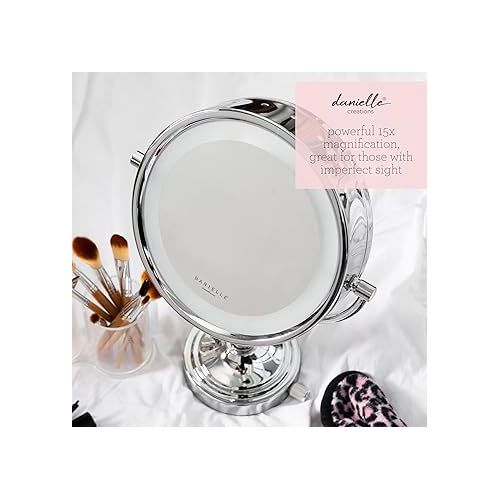  Danielle Creations Double-Sided LED Round Lighted Makeup Mirror with 15x Magnification for Vanity or Countertop, 360-Degree Movement, Silver Chrome