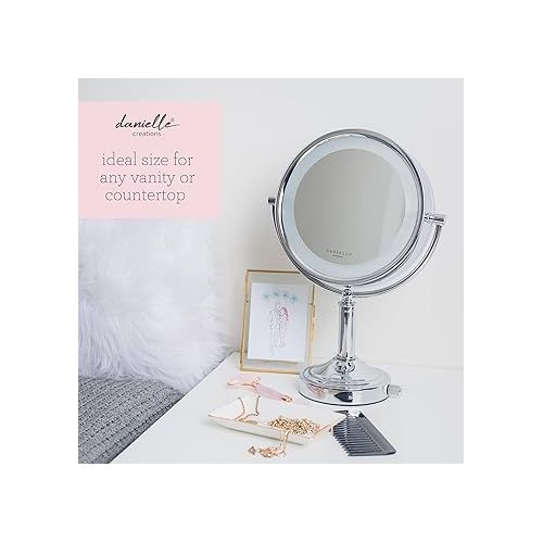  Danielle Creations Double-Sided LED Round Lighted Makeup Mirror with 15x Magnification for Vanity or Countertop, 360-Degree Movement, Silver Chrome