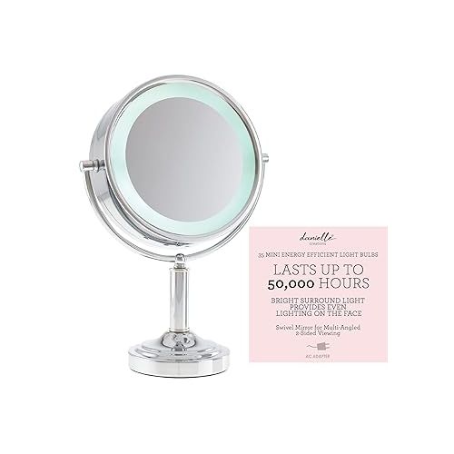  Danielle Creations Double-Sided LED Round Lighted Makeup Mirror with 15x Magnification for Vanity or Countertop, 360-Degree Movement, Silver Chrome