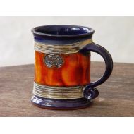 /DankoHandmade Ceramic Coffee Mug, Pottery Mug Wheel Thrown, Earthen mug, Blue and Orange Mug, Tea mug, Unique mug, Cute mug