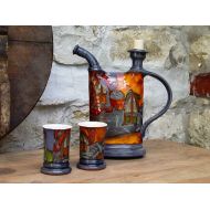 /DankoHandmade Pottery set - Earthen pitcher and mugs, Pottery bottle, Water bottle, Brandy bottle, Ceramic set, Pottery mugs, Pottery handmade