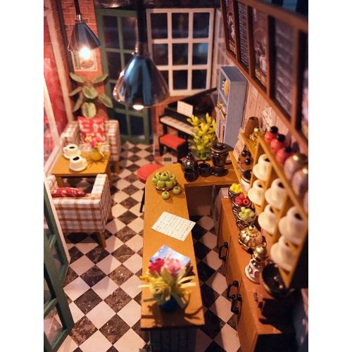  Danni Wood DIY Dollhouse Toy Miniature Box Puzzle Dollhouse DIY Kit Doll House Furniture Coffee Shop Model Gift Toy for Children