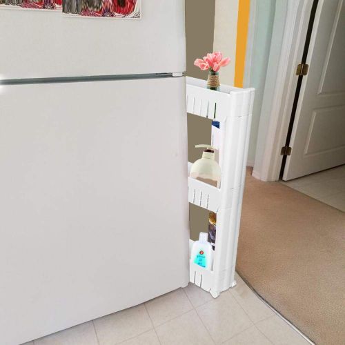  DaoAG 3-Tier White Slim Slide Out Storage Tower with Wheels Pull out Pantry Shelves Mobile Wheels Shelf with 3 Tiers Skinny Thin Shelves for Narrow Slim Space - Shipped from USA!!! (Whit