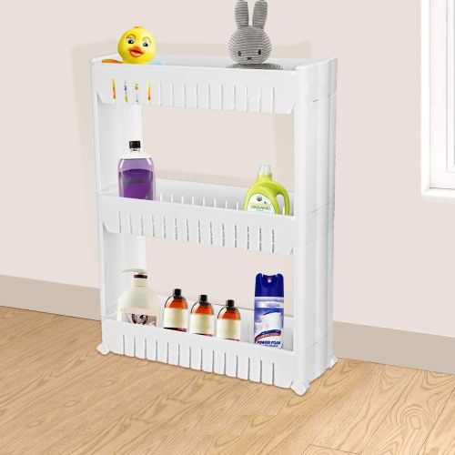  DaoAG 3-Tier White Slim Slide Out Storage Tower with Wheels Pull out Pantry Shelves Mobile Wheels Shelf with 3 Tiers Skinny Thin Shelves for Narrow Slim Space - Shipped from USA!!! (Whit