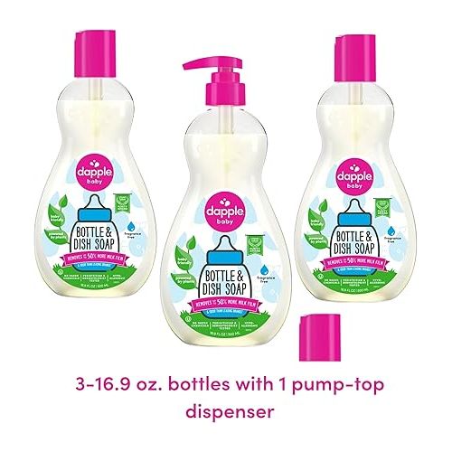  Dapple Baby, Bottle and Dish Soap Dish Liquid Plant Based Hypoallergenic 1 Pump Included, Packaging May Vary, Fragrance Free, 16.9 Fl Oz (Pack of 3)