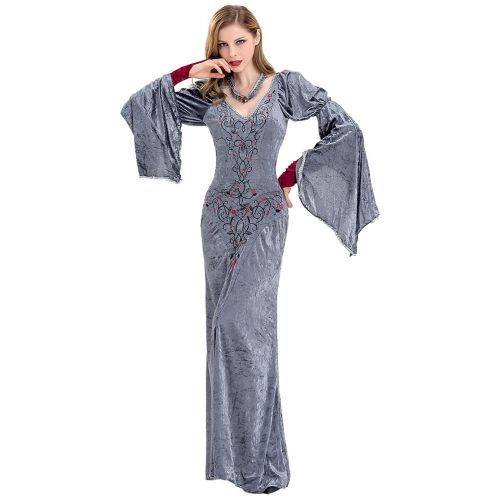 Dark Paradise Womens Medieval Velvet Devil Cosplay Dress Vampire Queen Costume Necklace Gray
