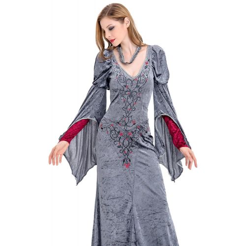  Dark Paradise Womens Medieval Velvet Devil Cosplay Dress Vampire Queen Costume Necklace Gray