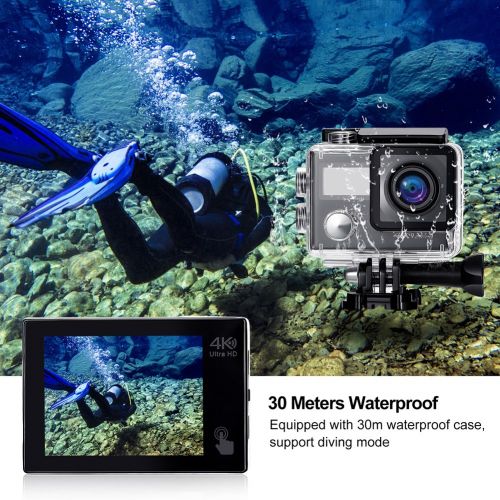  Darkeep 4K Action Camera 2.0 Inch Touch Screen 170 Degree Ultra-Wide Fisheye Lens Android IOS App Wifi Sports DV TV Out with USB 2.0 Waterproof Case