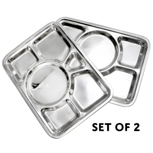  Darware Cafeteria Mess Trays (2-Pack); Stainless Steel 16 In. x 11 In. Rectangular 6-Compartment Divided Plates/Cafeteria Food Trays