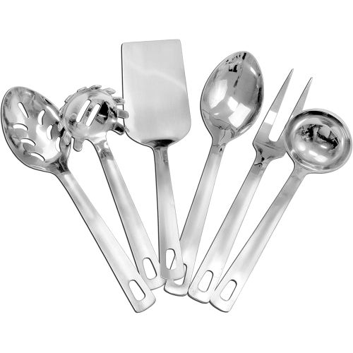  [아마존베스트]Darware Complete Serving Spoon & Utensil Set (6-Piece Set); Includes Pasta Server, Fork, Spoon, Slotted Spoon, Ladle, & Cake/Casserole Server; Stainless Steel Classic Plain Handle Flatware