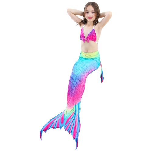  Das beste Girls Mermaid Tail Swimsuit with Monofin Girls Mermaid Tail for Swimming,Colorful Swimmable Costume Cosplay Princess Swimwear Bikini Set Bathing Suit Set with Mono Fin Fo