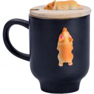 [아마존베스트]Daveinmic Matte Black Corgi Mug with Original Bamboo Lid,Handcrafted Cute Corgi Gift Coffee Mug Tea Cup Perfect Novelty Mug(12oz,350ML)(Black, Corgi)