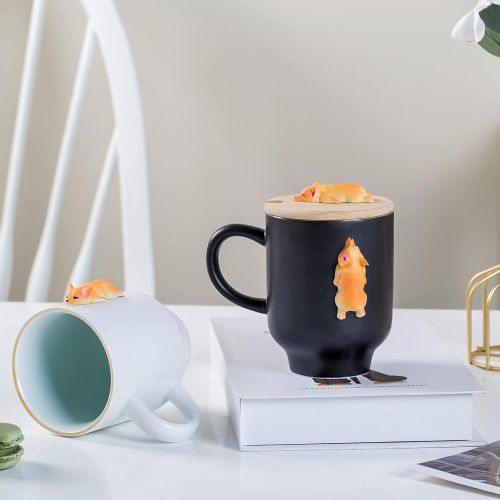  [아마존베스트]Daveinmic Matte Black Corgi Mug with Original Bamboo Lid,Handcrafted Cute Corgi Gift Coffee Mug Tea Cup Perfect Novelty Mug(12oz,350ML)(Black, Corgi)